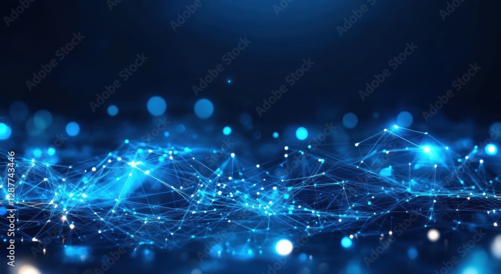 Poster visual representation of digital connections through networks in a vibrant blue tone showcasing tech
