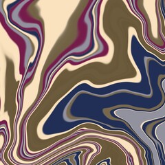 Abstract artwork featuring swirling patterns in shades of cream, navy blue, maroon, and olive green. The undulating forms create a marbled effect, emphasizing fluidity and movement.