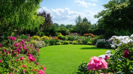 Obraz premium Colorful flower garden with lush greenery and bright blue sky