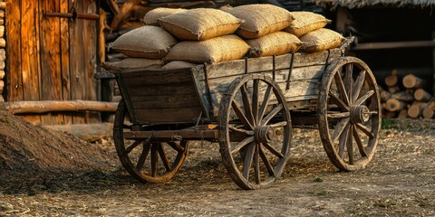 Obraz premium A farmerâ€™s old wooden cart filled with sacks of grain