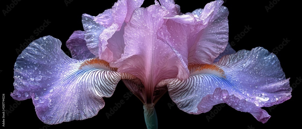 Poster captivating close up of a delicate iris flower with water droplets against a stark black background 
