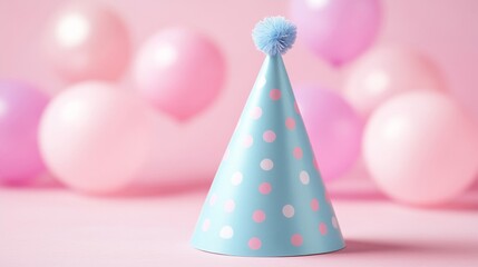 Pastel Blue Party Hat with Pink Balloons