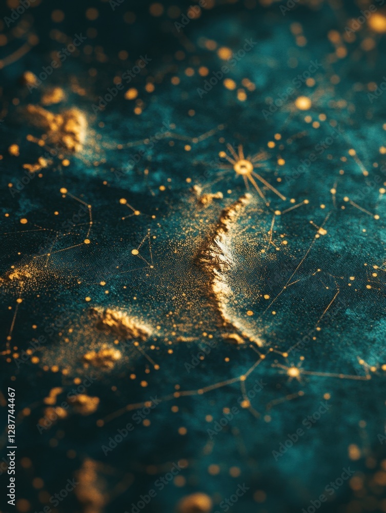 Poster celestial map of constellations on textured teal surface with golden dots and lines astrological cha