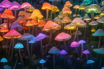 Fototapeta premium Vibrant bioluminescent mushrooms illuminate a mystical forest pathway during twilight hours
