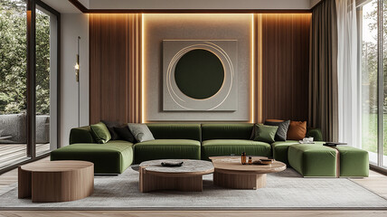 Modern living room with green sofa and wooden accents
