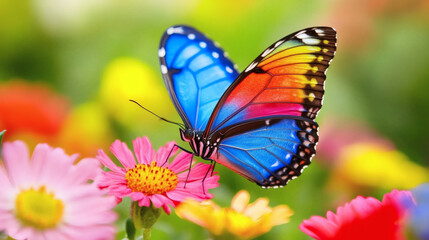 Obraz premium A vibrant blue butterfly perched on colorful flowers, creating a stunning contrast in a lush garden setting