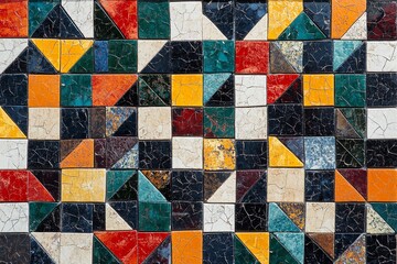 Fototapeta premium Colorful mosaic pattern featuring diverse geometric shapes in a vibrant design