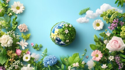 Vibrant Earth Surrounded by Colorful Flowers and Blue Sky Background