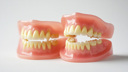 Obraz premium Dentures and dental prosthetics for elderly people with missing teeth, isolated on white background