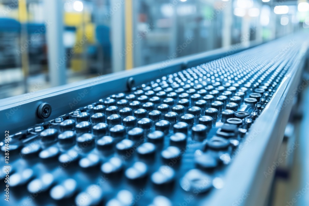 Poster automated production line with cylindrical components on a conveyor belt in a modern factory environ