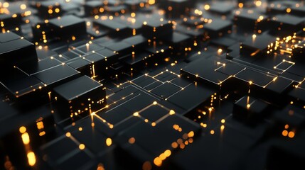 Dynamic cubic structures with interactive links, network flow visualization, abstract technology pattern, professional 3d artwork, dark environment, luminous connection points, geometric minimalism