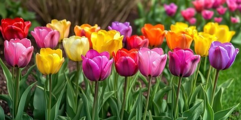 Fototapeta premium A field of tulips in vibrant colors arranged in neat rows