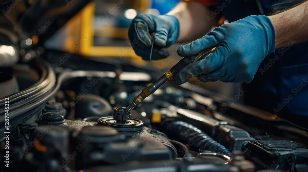Poster a mechanic in blue gloves works on a car engine, using tools to perform maintenance and ensure optim