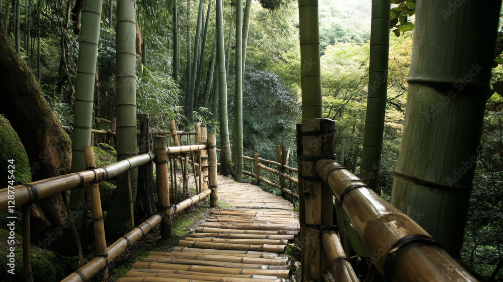 Poster A serene bamboo pathway meanders through lush greenery, creating a peaceful atmosphere in a natural forest setting
