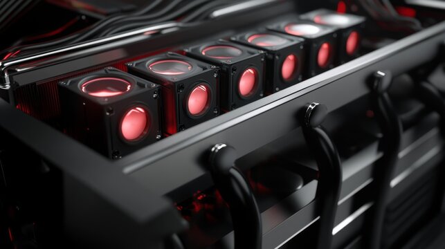Custom mining rig close-up, detailed GPU architecture, precision cable management, cooling system implementation, atmospheric lighting, premium tech visualization, industrial aesthetic