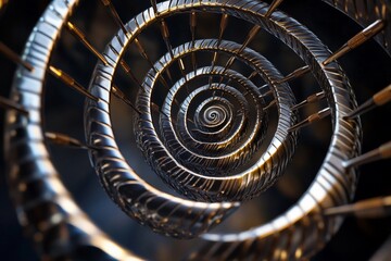 Spiral formation of metallic spikes creates an intriguing visual illusion in modern art installation