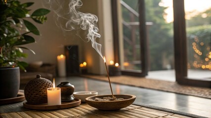 A serene indoor setting featuring incense smoke, candles, and natural elements, creating a calming atmosphere.