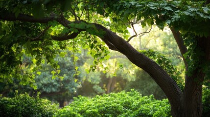 Sunlight Filters Through Leaves in a Tranquil Green Forest Scene