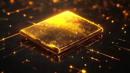 Luminous digital wallet emitting spectrum rays, flowing golden currency, premium 3d visualization, noir background, particle systems, reflective surfaces, contemporary fintech design