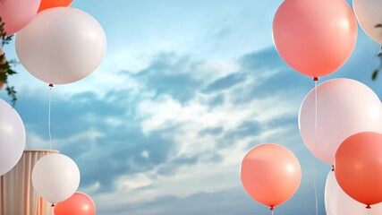 A white and pink room with a pink and white balloon arch - Powered by Adobe