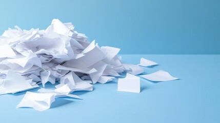 Pile of shredded paper on light blue background