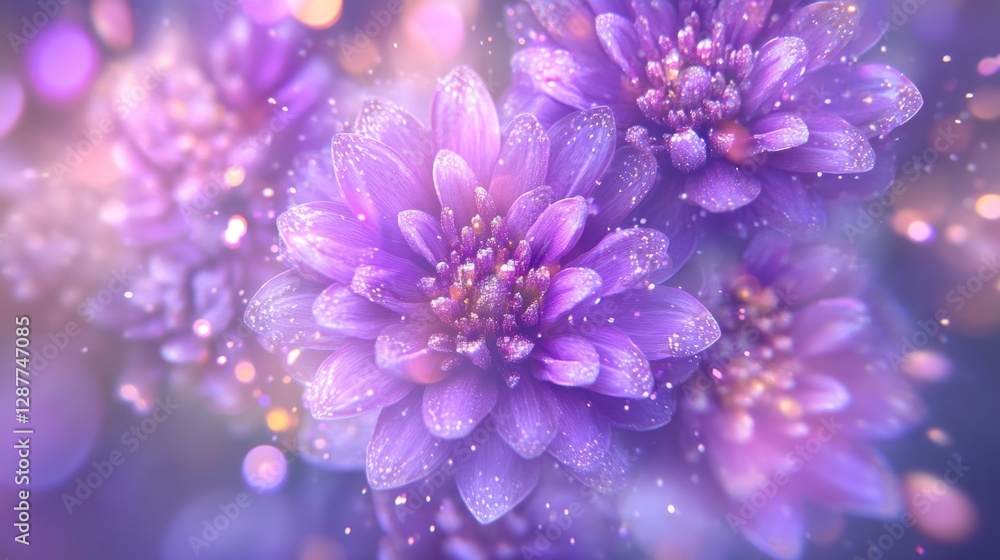 Poster close-up of vibrant purple flowers with soft bokeh effect, delicate petals sparkling with light. nat