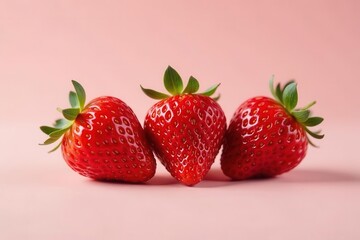 Three ripe strawberries arranged on a pink background showcasing their vibrant red color and fresh appearance