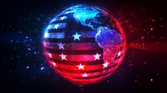 Rotating 3D globe focused on North America with USA outlined in glowing cryptocurrency symbols, decentralized network visualization radiating from Wall Street, Silicon Valley, and Miami, stars from