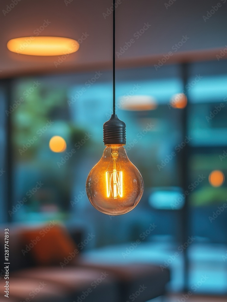 Poster warm light bulb hanging in a modern interior with blurred background creating a cozy and inviting at