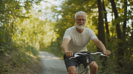 Obraz premium Senior living man enjoying a bicycle ride along a nature trail. Featuring wellness and freedom