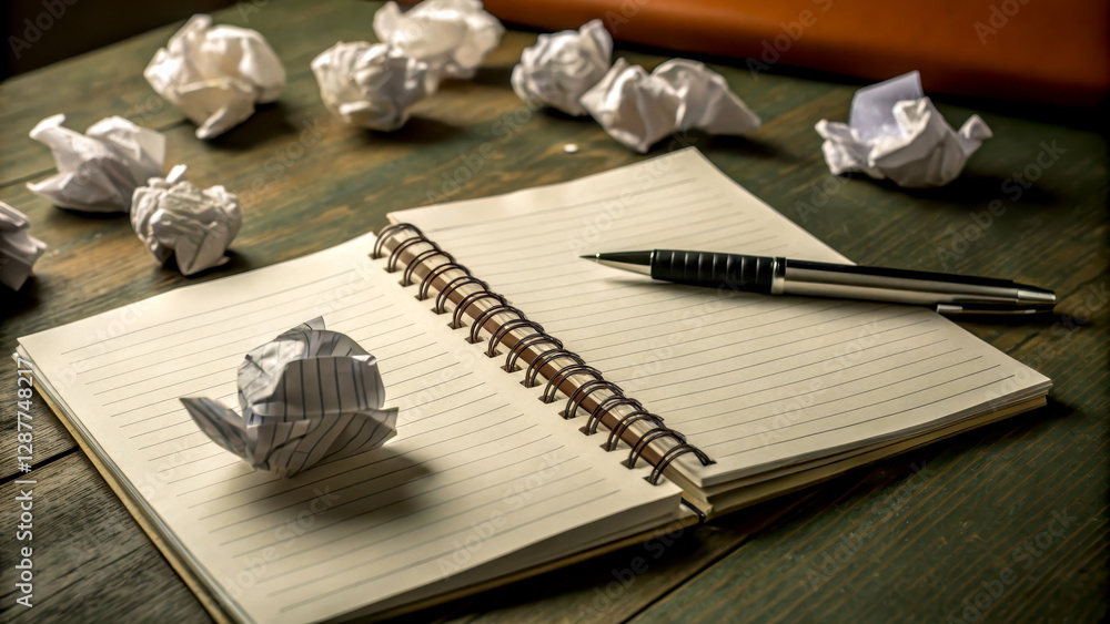 Poster a pen rests on an open notebook surrounded by crumpled paper, symbolizing the creative process and t
