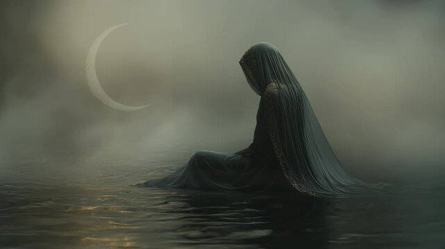 Mysterious figure seated by a tranquil water body under a crescent moon at night
