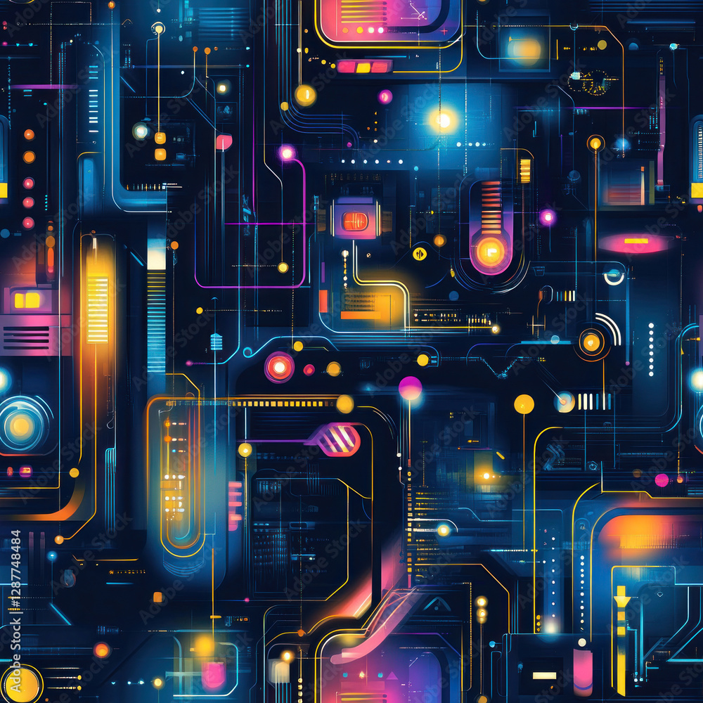 Poster circuit board visualization glows with colorful energy in dark, high-tech digital background