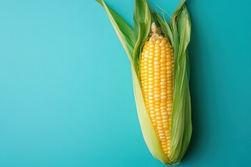 Obraz premium An ear of corn showing its leaves in a blue background