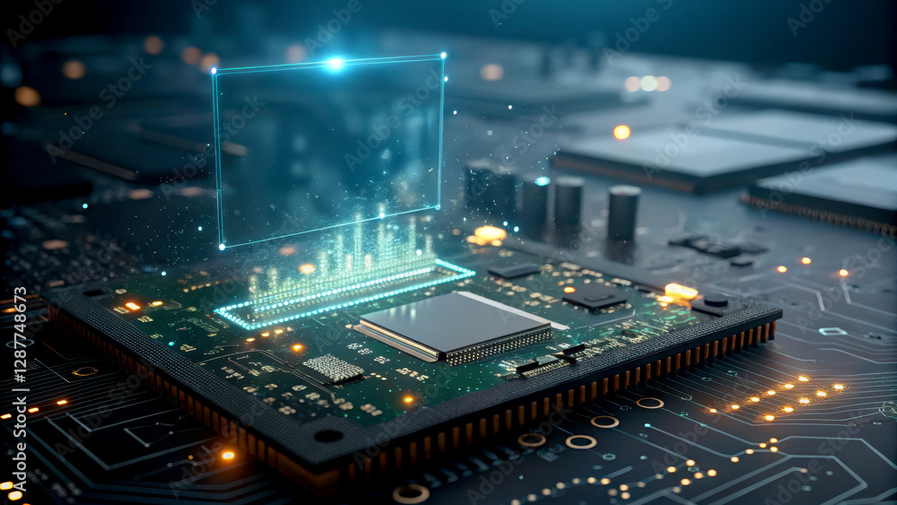 Poster a detailed view of a microchip on a circuit board, showcasing glowing elements and a futuristic desi