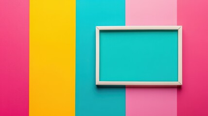 A vibrant, multicolored backdrop featuring stripes of yellow, turquoise, and pink, with a blank picture frame positioned in the center.