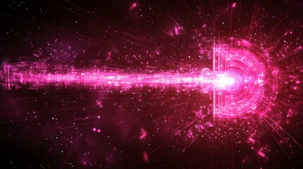 Abstract quantum cryptography key pulsing with magenta energy beams, holographic security matrix, flowing digital particles, deep space atmosphere, scattered data points, advanced encryption
