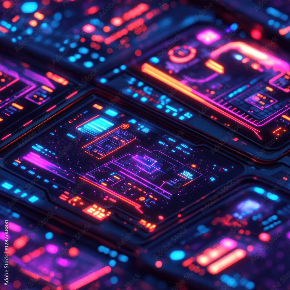 Poster circuitry glowing with purple and orange data flow across a network board