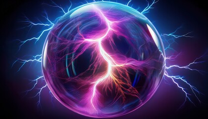 Close-up of a lightning strike within a plasma globe, with electric tendrils glowing in neon purple, creating an electrifying and mesmerizing visual.

