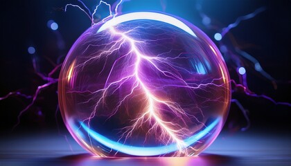 Close-up of a lightning strike within a plasma globe, with electric tendrils glowing in neon purple, creating an electrifying and mesmerizing visual.

