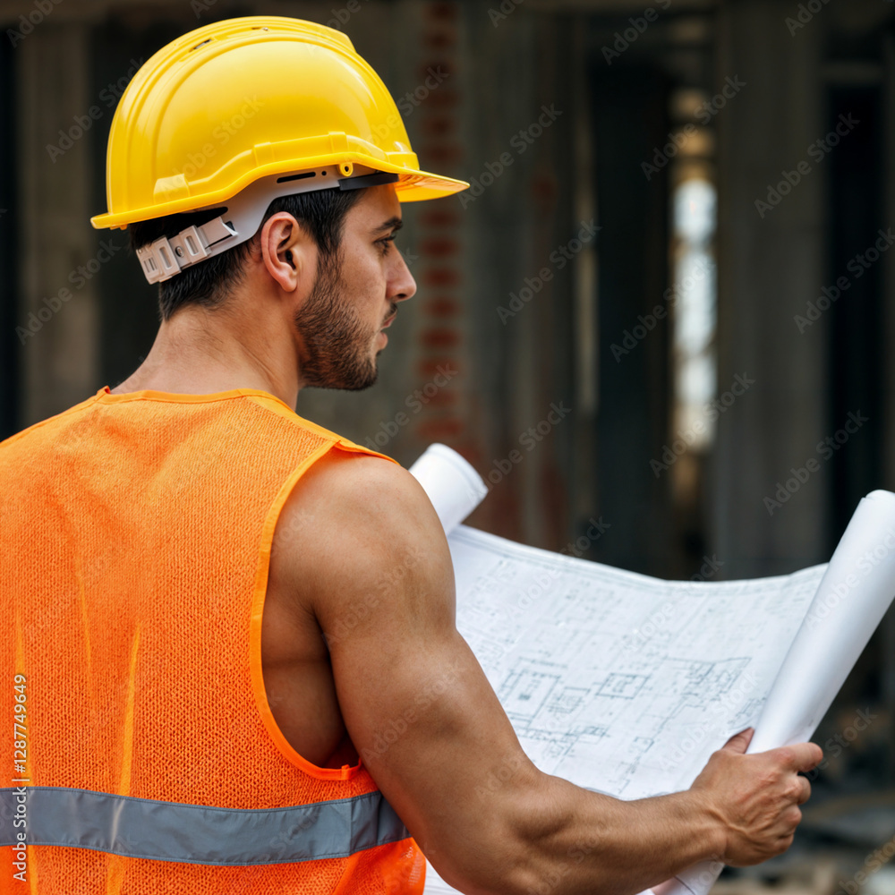 Poster builder studying blueprints at construction site. generative ai