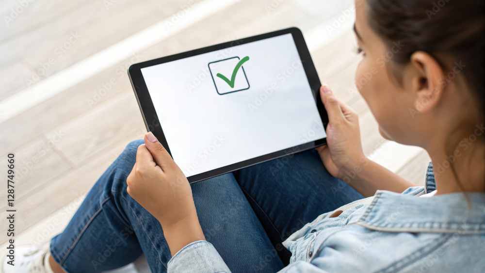 Poster a woman sits with a tablet displaying a checklist with a green checkmark, indicating a task completi