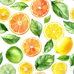Obraz premium Citrus slices & leaves pattern, isolated on white. Watercolor art of lemon, lime, orange, plants