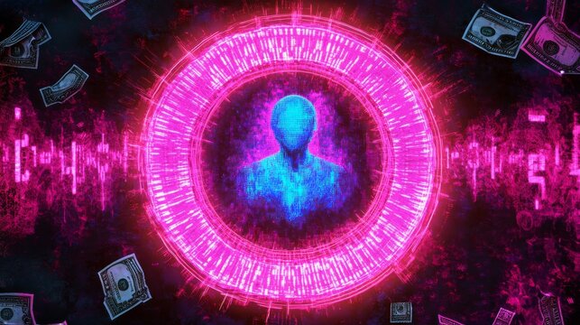 Digital art frame radiating neon pink energy, pixelated border with binary code, holographic blue ghost figure inside, glowing cursor pointer, floating dollar symbols, cosmic dark background, - Powered by Adobe