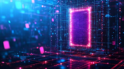 Fototapeta premium Glowing digital artwork portal with magenta pixel frame, mystic blue phantom illustration, radiant energy beams, futuristic gallery display, cosmic dark atmosphere, floating digital currency markers,