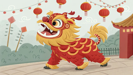 A vibrant lion dance illustration, featuring a colorful lion with red and gold details, set against a festive backdrop of lanterns and traditional architecture.
