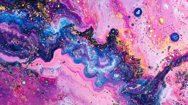 Luminous pink digital canvas displaying ethereal blue spirit artwork, pixel matrix border, blockchain visualization, mouse cursor interaction, cosmic space environment, scattered currency symbols,