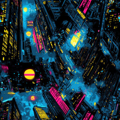 Obraz premium Cityscape angled view of bright neon buildings under a night sky, abstract and colorful