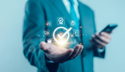 Hand shows sign of top service Quality assurance, Guarantee, Standards, ISO certification and...