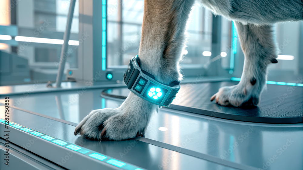 Poster a dog wearing a tech-enabled collar in a futuristic setting, showcasing advanced design and glowing 